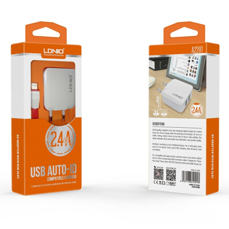 LDNIO A2201 2.4A Dual USB Charging Head Travel Direct Charge Mobile Phone Adapter Charger With Type-C Data Cable, Type-C