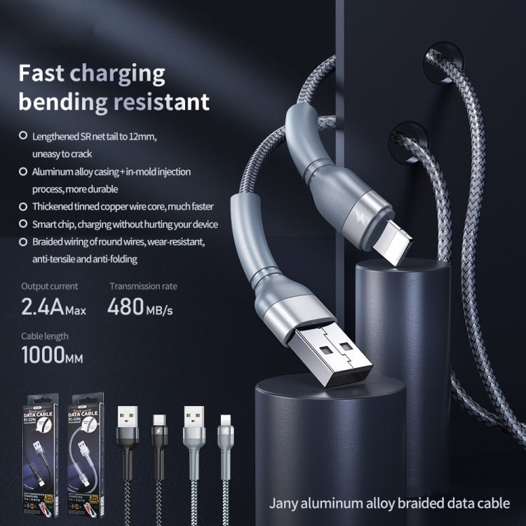 REMAX RC-124i 1m 2.4A USB auf 8-Pin Aluminiumlegierung Geflochtenes Schnelllade-Datenkabel für iPhone, iPad, 8 Pin