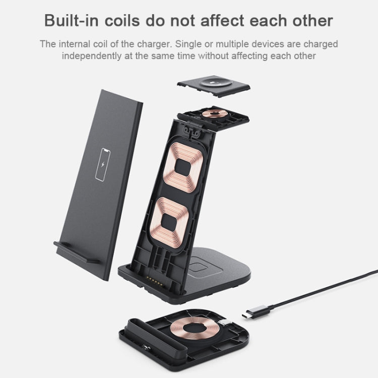 HQ-UD21 3-in-1 faltbare Multifunktions-Ladestation für Mobiltelefone, Uhren und kabelloses Laden von iPhones, Apple Watches & Airpods (Schwarz)