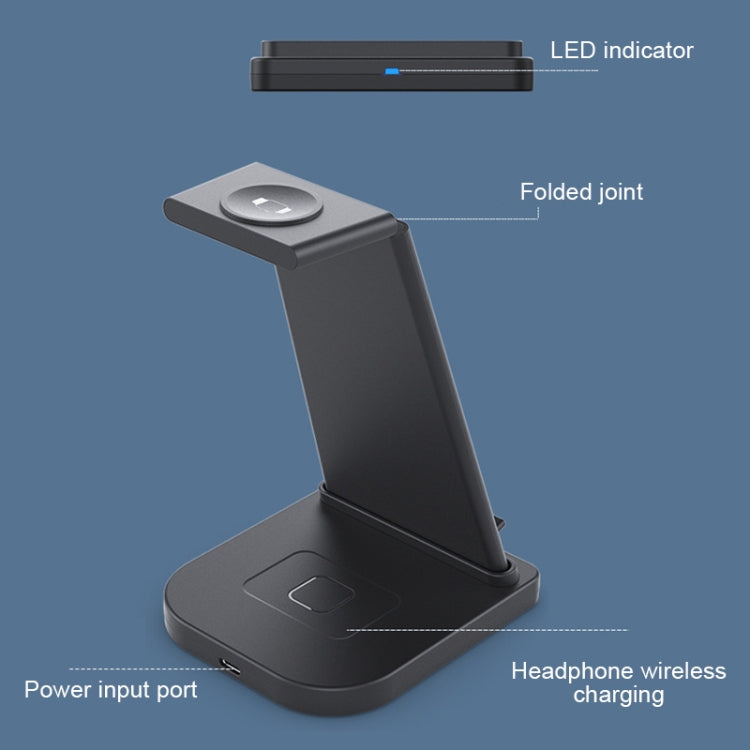 HQ-UD21 3-in-1 faltbare Multifunktions-Ladestation für Mobiltelefone, Uhren und kabelloses Laden von iPhones, Apple Watches & Airpods (Schwarz)