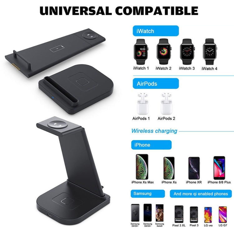 HQ-UD21 3-in-1 faltbare Multifunktions-Ladestation für Mobiltelefone, Uhren und kabelloses Laden von iPhones, Apple Watches & Airpods (Schwarz)