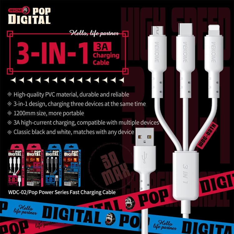 WEKOME WDC-02 Tidal Energy Series 3A USB to 8 Pin+Type-C+Micro USB 3 in 1 PVC Data Cable, Length: 1.2m (Black)