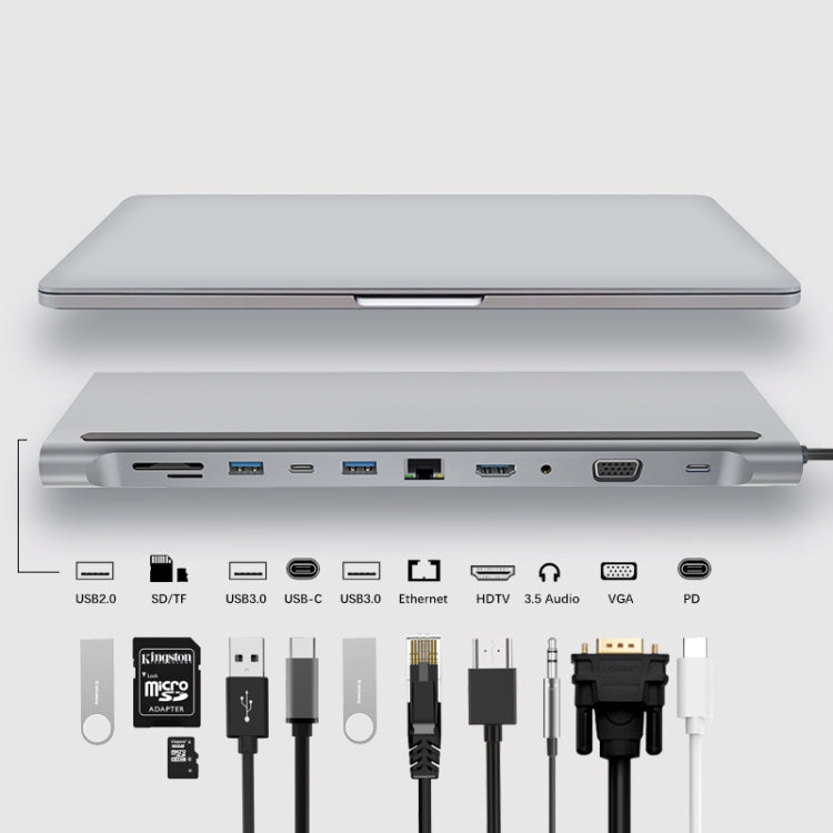 11 in 1 RJ45 + 87W PD + SD/TF + USBx3+ HDMI + VGA + 3.5mm AUX to Type-C HUB Adapter, 11 in 1