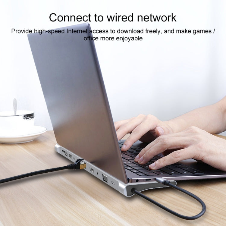 11 in 1 RJ45 + 87W PD + SD/TF + USBx3+ HDMI + VGA + 3.5mm AUX to Type-C HUB Adapter, 11 in 1