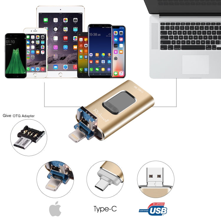 Richwell 3-in-1 128G Typ-C + 8 Pin + USB 3.0 Metall Push-Pull Flash-Disk mit OTG-Funktion