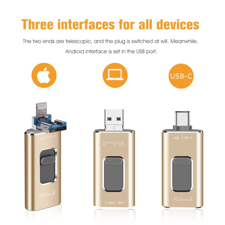 Richwell 3-in-1 128G Typ-C + 8 Pin + USB 3.0 Metall Push-Pull Flash-Disk mit OTG-Funktion