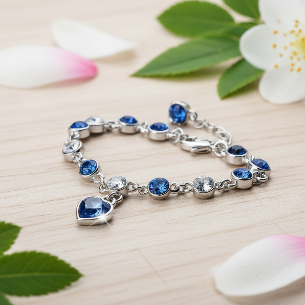 Women’s Silver Bracelet with Blue Heart Crystal Charm – Elegant Jewelry Gift for Her