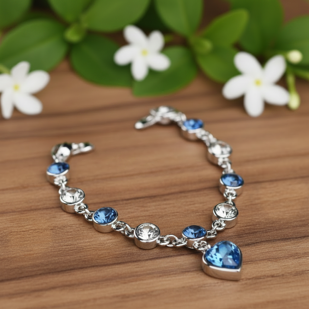Women’s Silver Bracelet with Blue Heart Crystal Charm – Elegant Jewelry Gift for Her