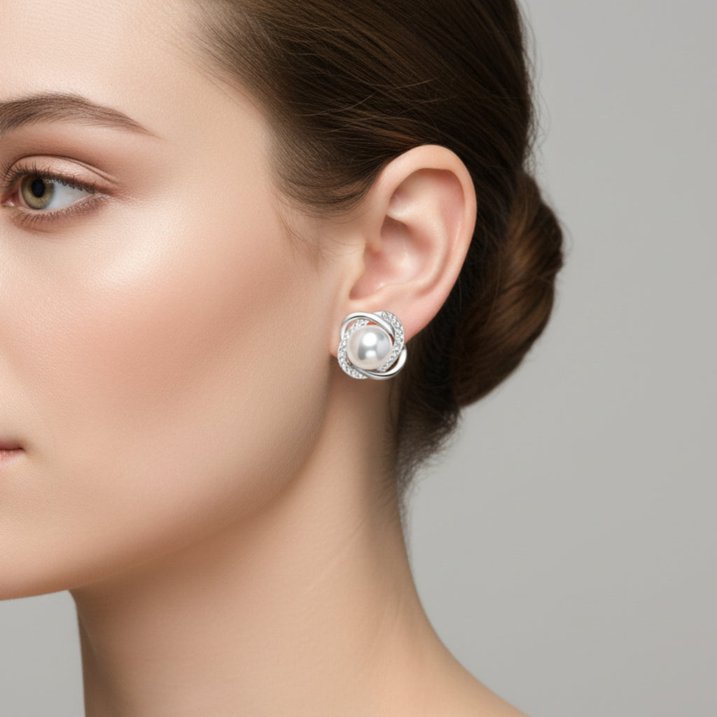 Women’s Silver Pearl & Crystal Earrings – Elegant Dangle Jewelry, Perfect Gift for Her