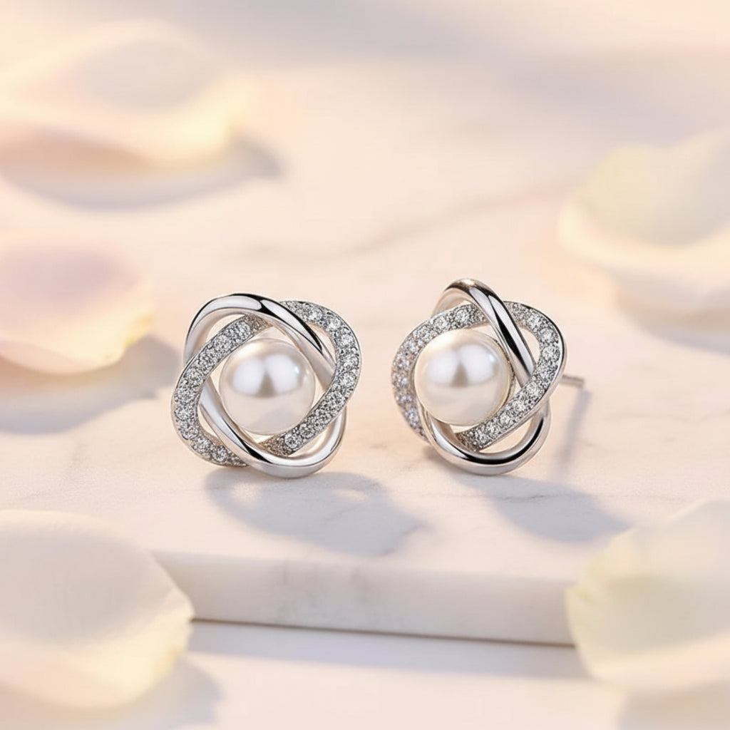 Women’s Silver Pearl & Crystal Earrings – Elegant Dangle Jewelry, Perfect Gift for Her