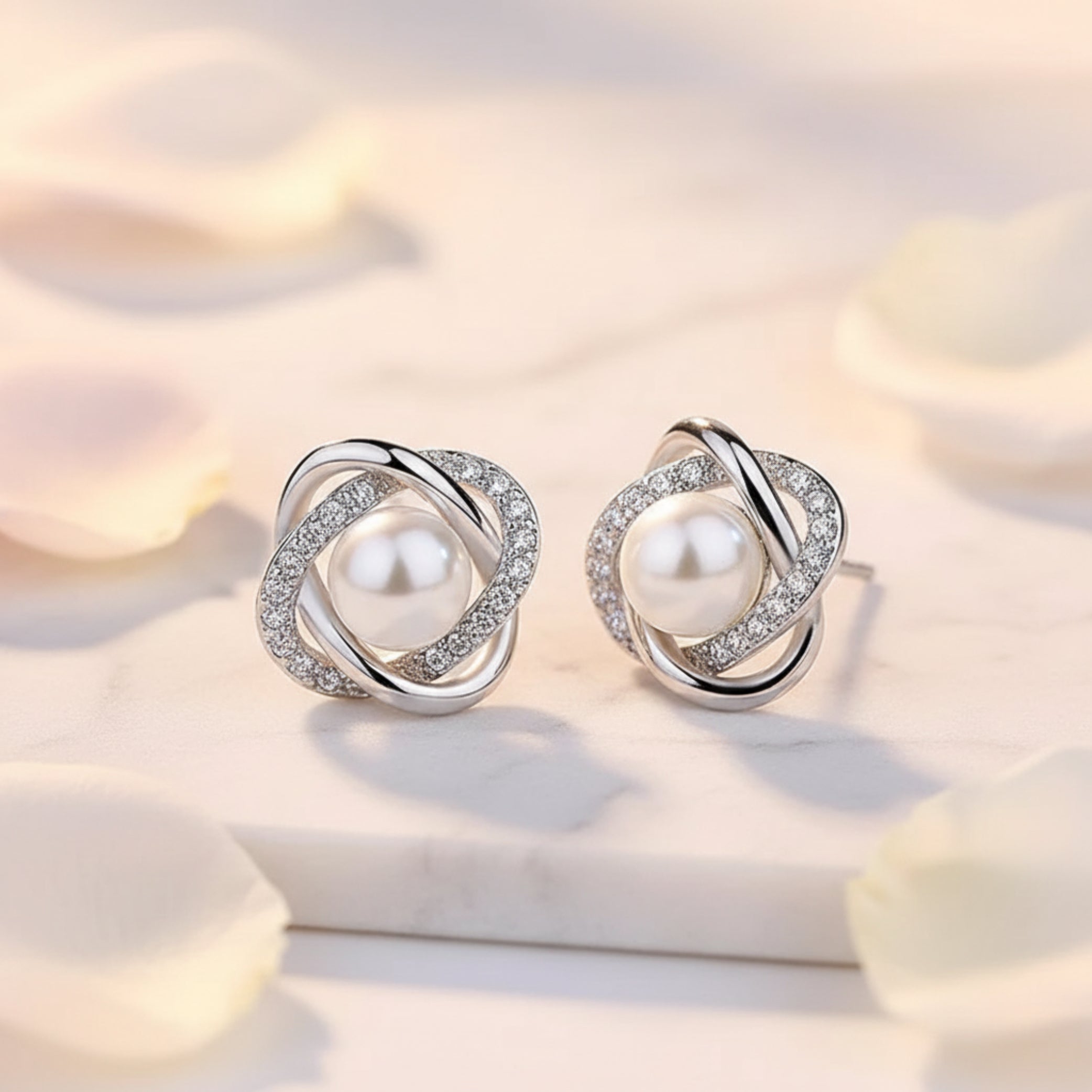 Women’s Silver Pearl & Crystal Earrings – Elegant Dangle Jewelry, Perfect Gift for Her