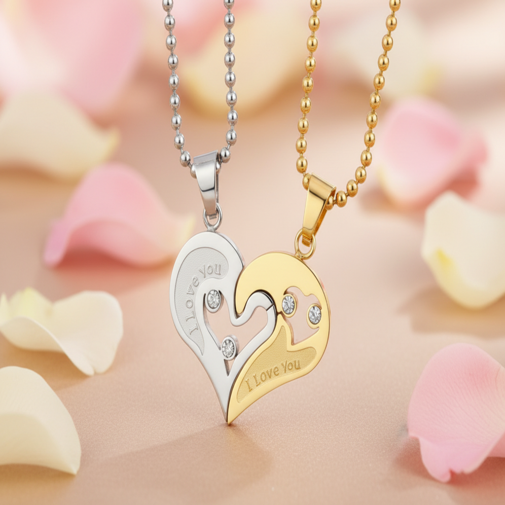 Magnetic Heart Couple Necklaces – “I Love You” Matching Pendant Set in Gold & Silver, Romantic Gift for Couples