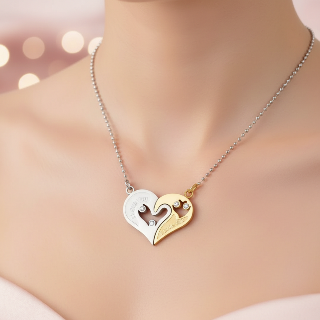Magnetic Heart Couple Necklaces – “I Love You” Matching Pendant Set in Gold & Silver, Romantic Gift for Couples