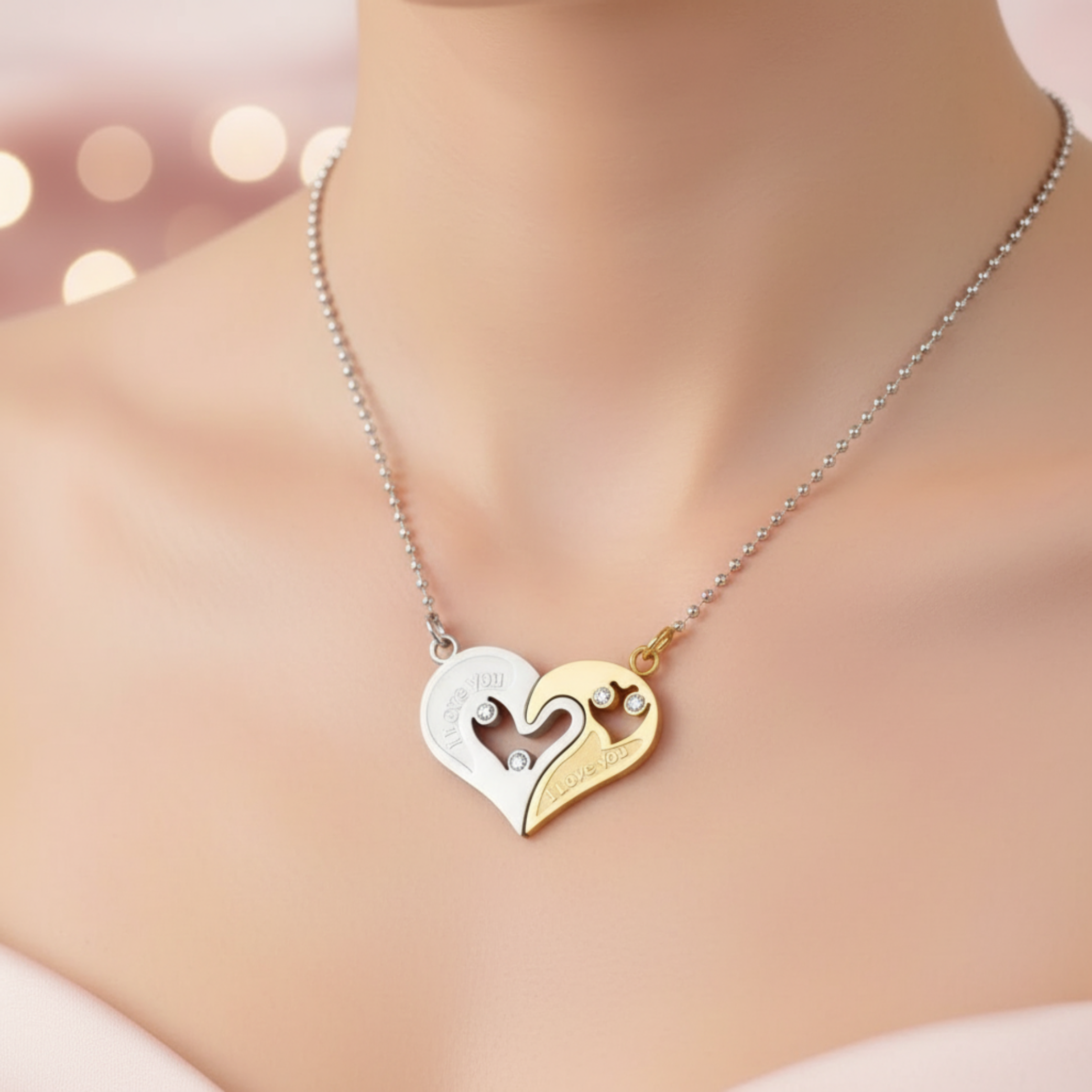 Magnetic Heart Couple Necklaces – “I Love You” Matching Pendant Set in Gold & Silver, Romantic Gift for Couples