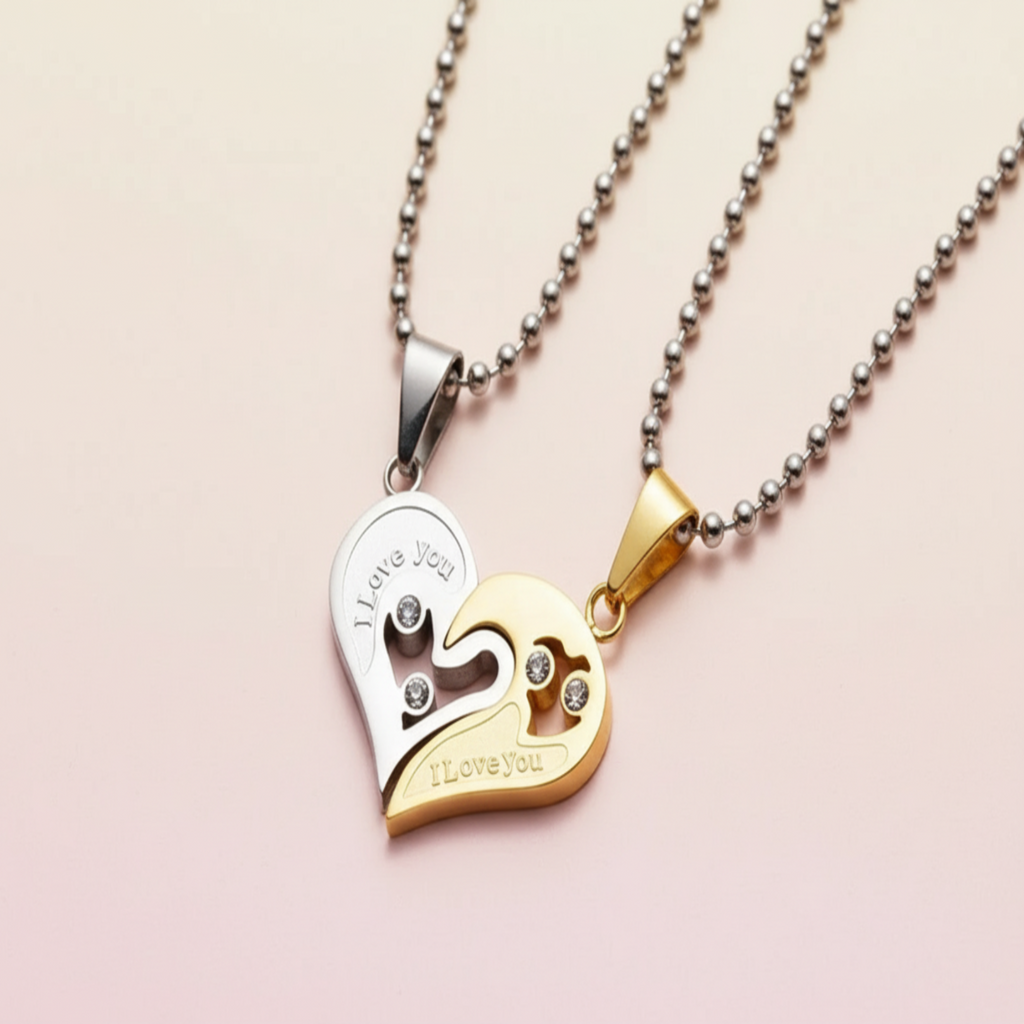Magnetic Heart Couple Necklaces – “I Love You” Matching Pendant Set in Gold & Silver, Romantic Gift for Couples
