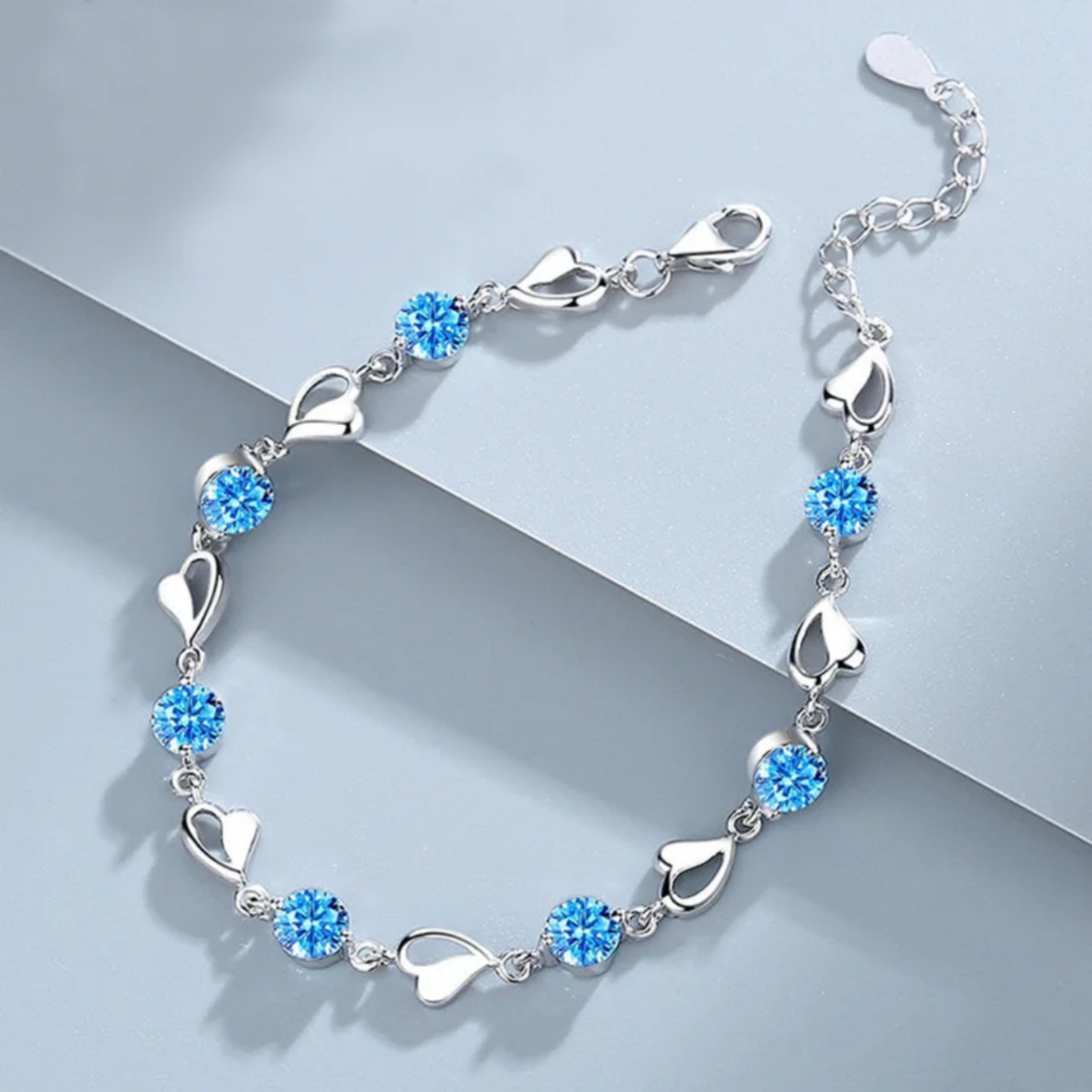 Elegant Silver Heart Bracelet – Sparkling Blue Crystal Charm Jewelry, Adjustable Gift for Women & Teens