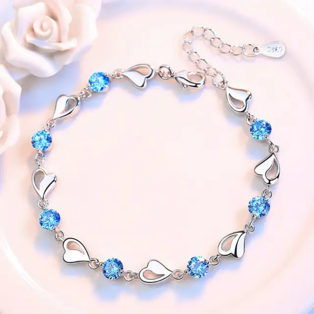 Elegant Silver Heart Bracelet – Sparkling Blue Crystal Charm Jewelry, Adjustable Gift for Women & Teens
