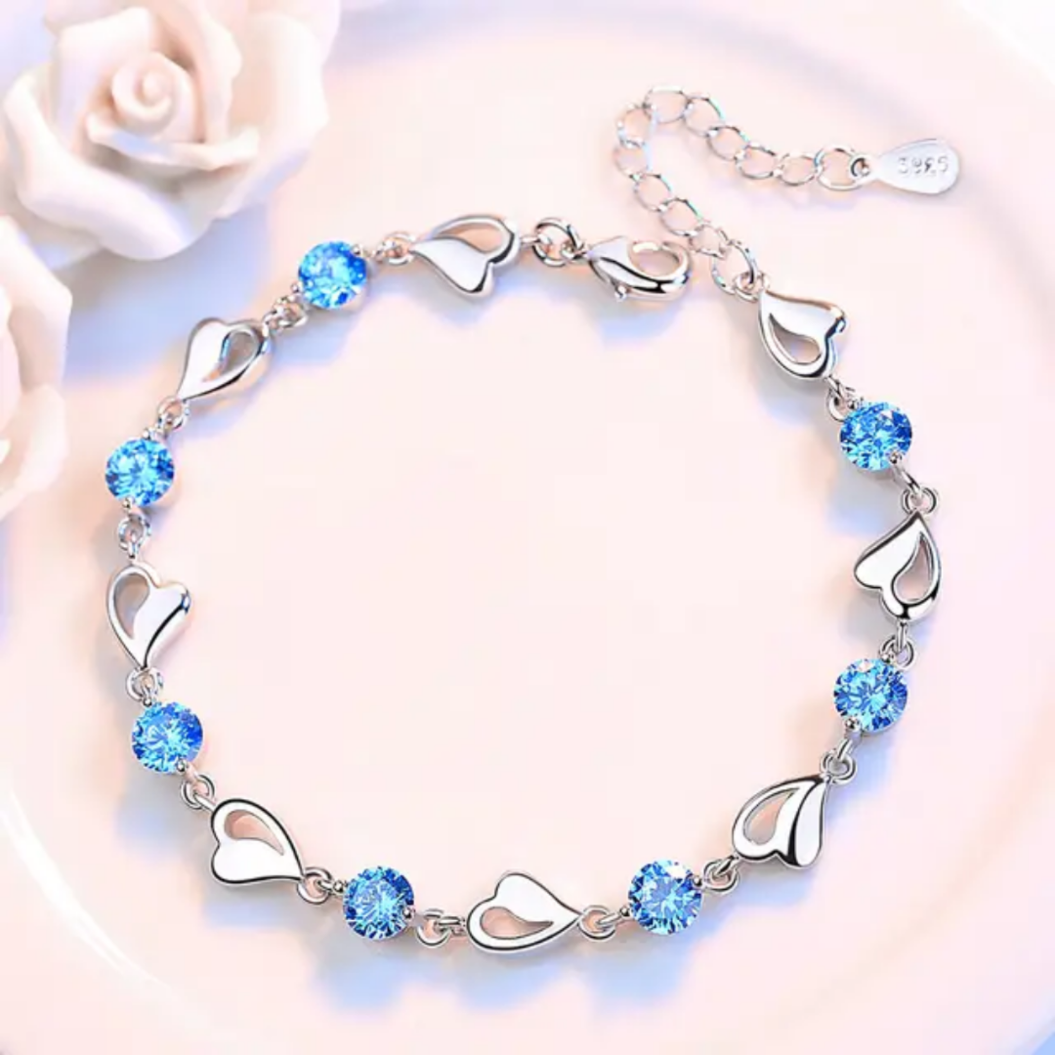 Elegant Silver Heart Bracelet – Sparkling Blue Crystal Charm Jewelry, Adjustable Gift for Women & Teens