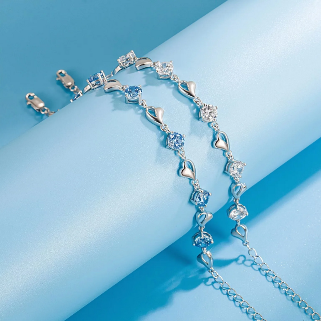 Elegant Silver Heart Bracelet – Sparkling Blue Crystal Charm Jewelry, Adjustable Gift for Women & Teens