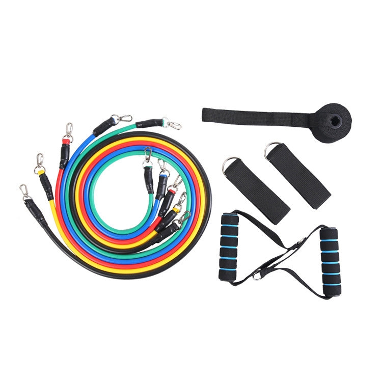 jx-003 11 in 1 100lbs TPE Five-point Buckle Household Pull Rope Resistance Band Fitness Equipment Set, 100lbs with Blue Handle