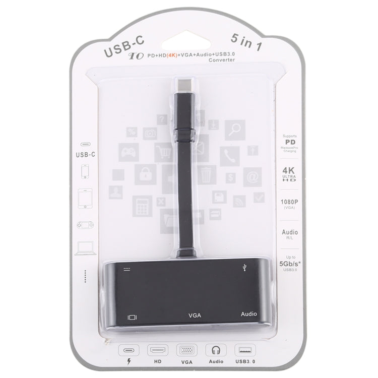 V126 UCB-C / Type-C Male to PD + HDMI + VGA + Audio + USB 3.0 Female 5 in 1 Converter, 5 in 1