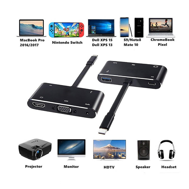 V126 USB-C / Type-C Stecker auf PD + HDMI + VGA + Audio + USB 3.0 Buchse 5-in-1 Adapter