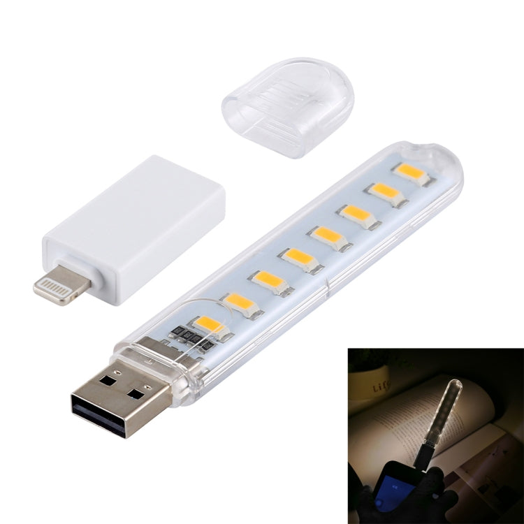 8 LED 5V 200LM USB-LED-Buchleuchte, tragbare Nachtleuchte, mit 8-Pin-Adapter