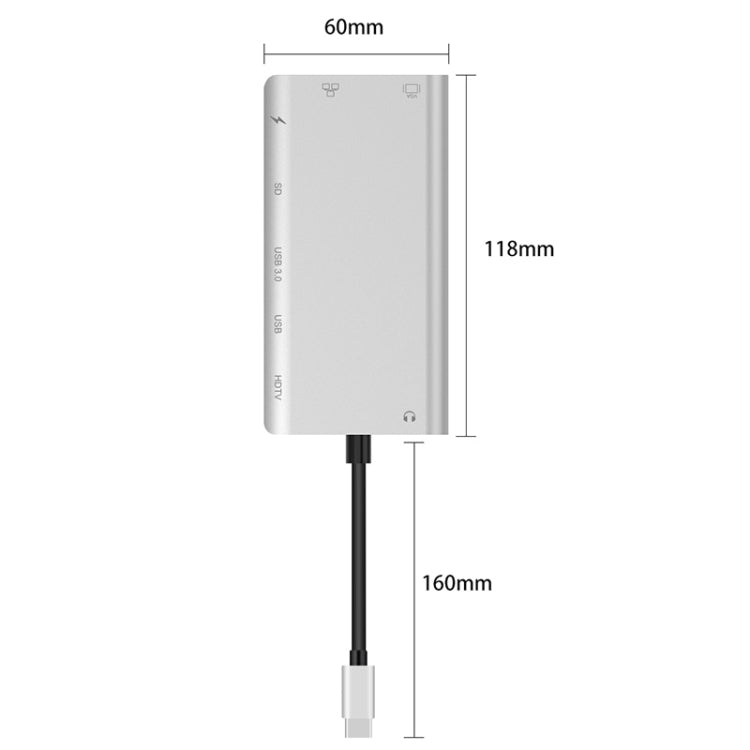 Onten 9591BD 8 in 1 USB-C / Type-C to PD USB-C / Type-C Charging + Gigabit Ethernet + Dual USB 3.0 + HDMI + VGA + SD Card Slot + 3.5mm AUX HUB, 9591BD Grey, 9591BD Silver