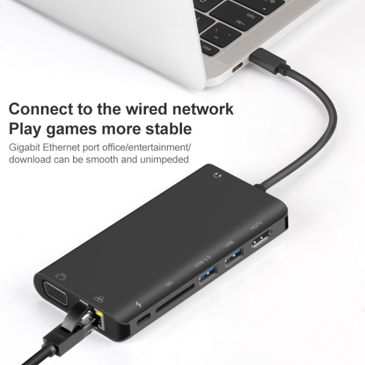 Onten 9591BD 8-in-1 USB-C-Hub: PD-Laden, Ethernet, USB 3.0, HDMI, VGA, SD-Karte, AUX (Schwarz)