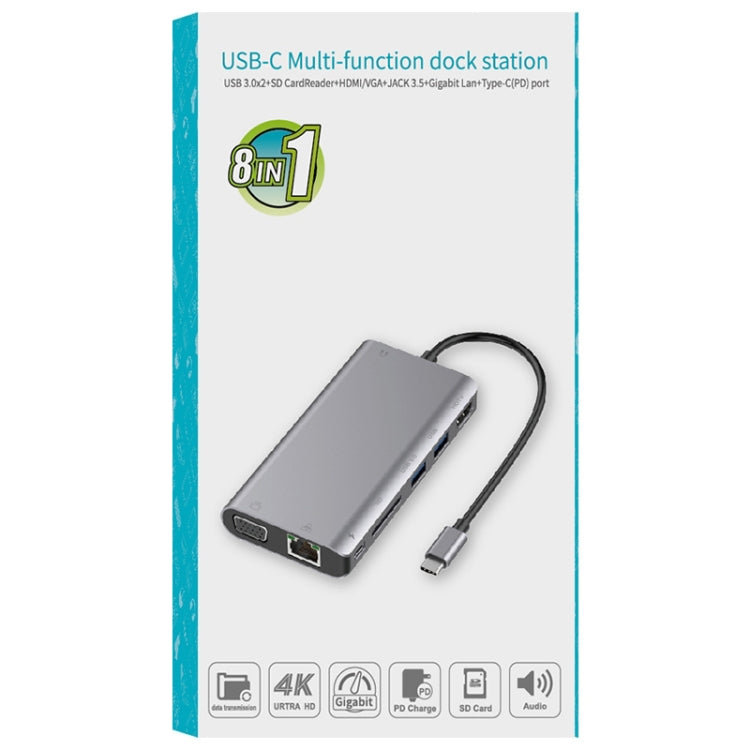 Onten 9591BD 8-in-1 USB-C-Hub: PD-Laden, Ethernet, USB 3.0, HDMI, VGA, SD-Karte, AUX (Schwarz)