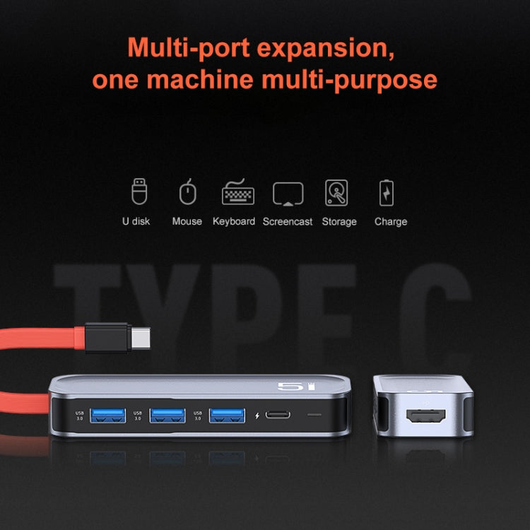 ROCK TR21 USB-C / Type-C to HDMI + USB3.0 x 3 + PD 4K 60Hz 5 in 1 Docking Station, TR21