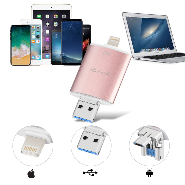 Richwell 3-in-1 128G Typ-C + 8-Pin + USB 3.0 Metall Double Cover Push-Pull Flash-Disk mit OTG-Funktion