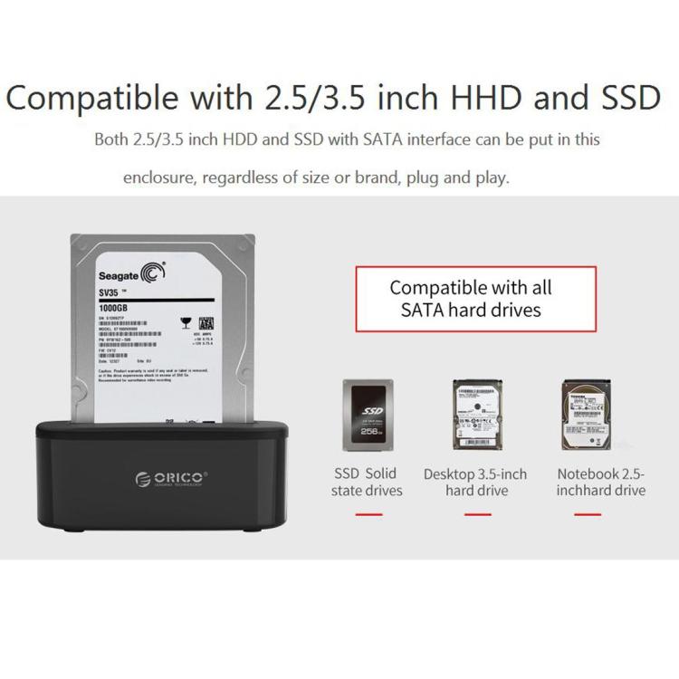ORICO USB 3.0 Typ-B auf SATA externes Festplatten-Dock für 2,5 Zoll / 3,5 Zoll SATA HDD / SSD, 1 Einschub