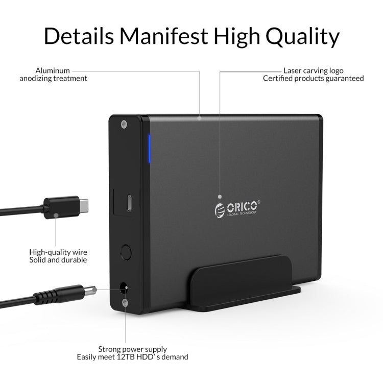 ORICO 7688C3 8TB 3,5 Zoll USB-C / Typ-C mobiles HDD-Gehäuse mit abnehmbarem Standfuß, Kabellänge: 1m