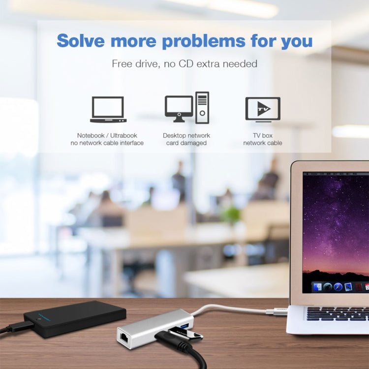 Aluminum Shell 3 USB3.0 Ports HUB + USB-C / Type-C Gigabit Ethernet Adapter, USB Type-C 1000Mbps