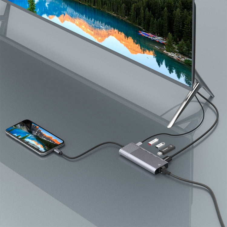 79591 6 in 1 8 Pin to RJ45 + HDMI + 8 Pin Charging + 3 USB 2.0 Ports Multifunctional HUB Converter Docking Station, 79591
