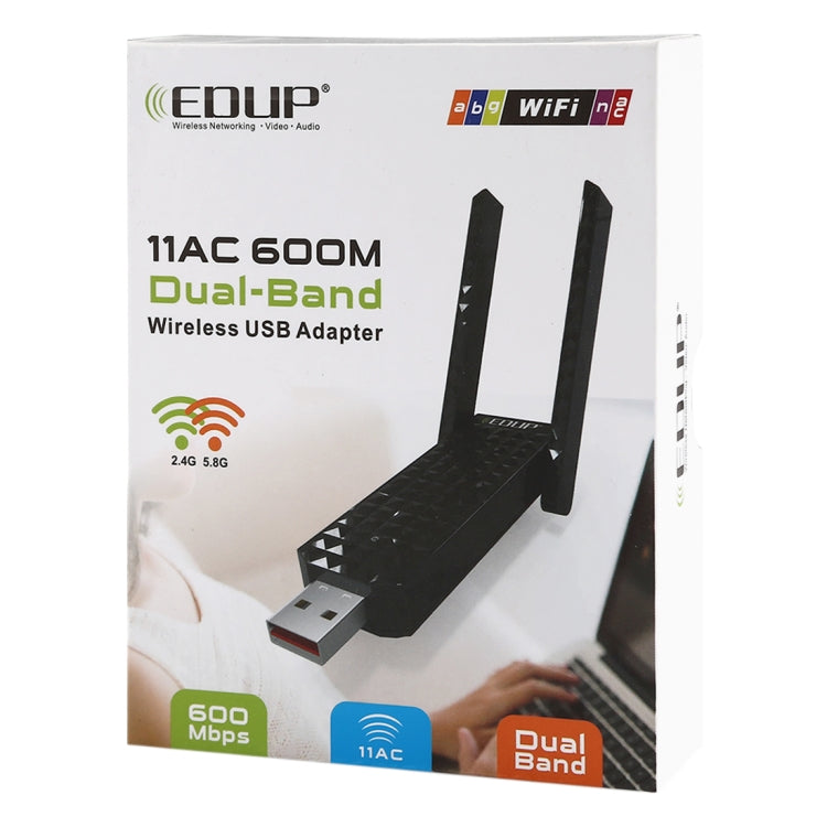 EDUP EP-AC1625 600Mbps 2,4G / 5,8GHz Dual-Band Wireless 11AC USB 2.0 Adapter Netzwerkkarte mit 2 Antennen für Laptop / PC (Schwarz)