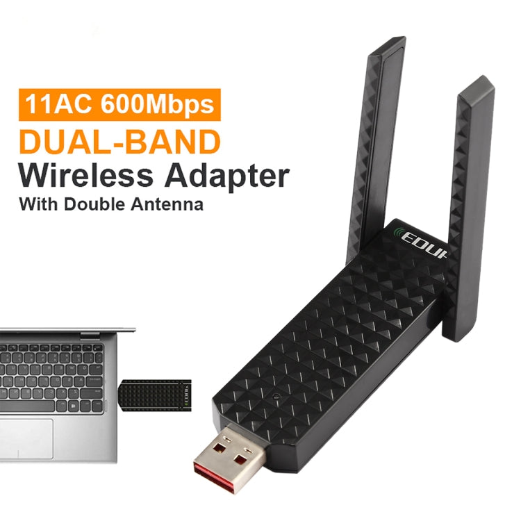 EDUP EP-AC1625 600Mbps 2,4G / 5,8GHz Dual-Band Wireless 11AC USB 2.0 Adapter Netzwerkkarte mit 2 Antennen für Laptop / PC (Schwarz)