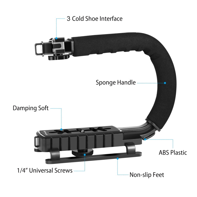 PULUZ U/C-förmiger tragbarer Hand-DV-Halterungsstabilisator + LED-Studiolicht-Kit mit Cold-Shoe-Stativkopf für alle Spiegelreflexkameras und Heim-DV-Kameras, Halterungs-Kits + LED