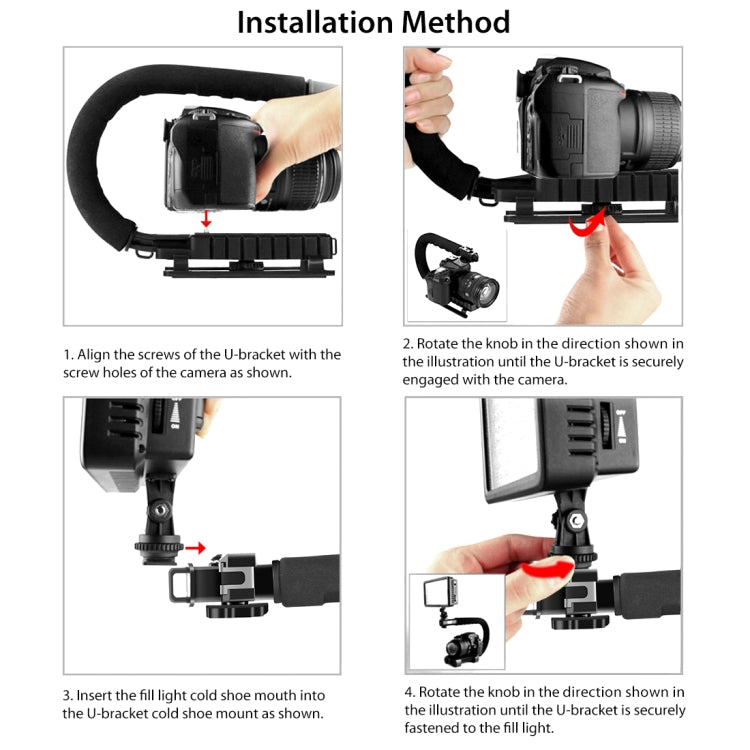 PULUZ U/C-förmiger tragbarer Hand-DV-Halterungsstabilisator + LED-Studiolicht-Kit mit Cold-Shoe-Stativkopf für alle Spiegelreflexkameras und Heim-DV-Kameras, Halterungs-Kits + LED