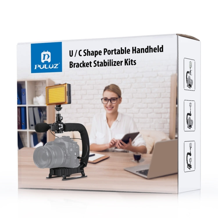 PULUZ U/C-förmiger tragbarer Hand-DV-Halterungsstabilisator + LED-Studiolicht-Kit mit Cold-Shoe-Stativkopf für alle Spiegelreflexkameras und Heim-DV-Kameras, Halterungs-Kits + LED