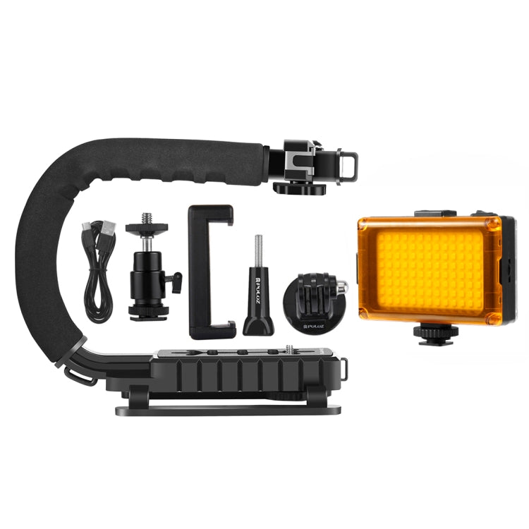 PULUZ U/C-förmiger tragbarer Hand-DV-Halterungsstabilisator + LED-Studiolicht-Kit mit Cold-Shoe-Stativkopf für alle Spiegelreflexkameras und Heim-DV-Kameras, Halterungs-Kits + LED