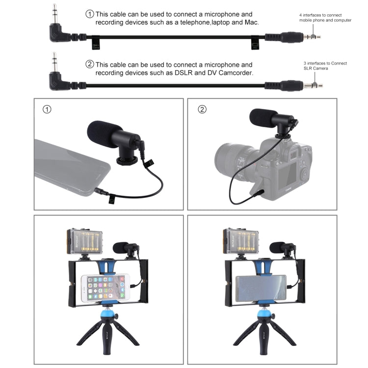 PULUZ 4 in 1 Vlogging Live Broadcast LED Selfie Light Smartphone Video Rig Kits with Microphone + Tripod Mount + Cold Shoe Tripod Head for iPhone, Galaxy, Huawei, Xiaomi, HTC, LG, Google, and Other Smartphones, 4-in-1(Blue), 4 in 1, 4-in-1(US)