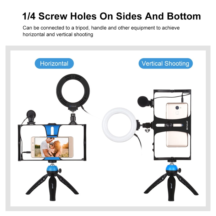 PULUZ 4 in 1 Vlogging Live Broadcast Smartphone Video Rig + 4.7 inch 12cm Ring LED Selfie Light Kits with Microphone + Tripod Mount + Cold Shoe Tripod Head for iPhone, Galaxy, Huawei, Xiaomi, HTC, LG, Google, and Other Smartphones(Blue)
