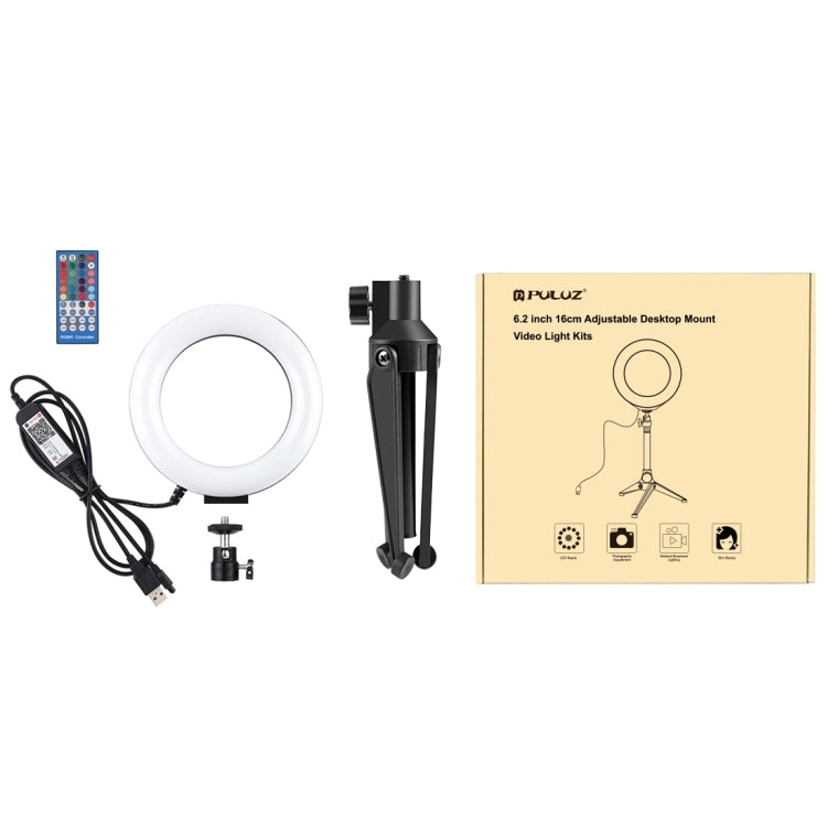 PULUZ 6.2 inch 16cm RGBW Light + Desktop Tripod Mount + USB Dimmable LED Ring Vlogging Photography Video Lights with Cold Shoe Tripod Ball Head & Remote Control, Tripod Mount + 6.2 inch RGBW / Remote