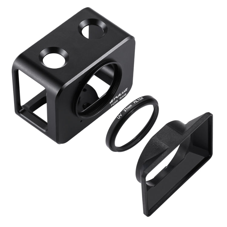 PULUZ für Sony RX0 Schutzgehäuse aus Aluminiumlegierung + 37mm UV-Filterlinse + Sonnenblende inklusive Schrauben und Schraubendrehern (Schwarz)