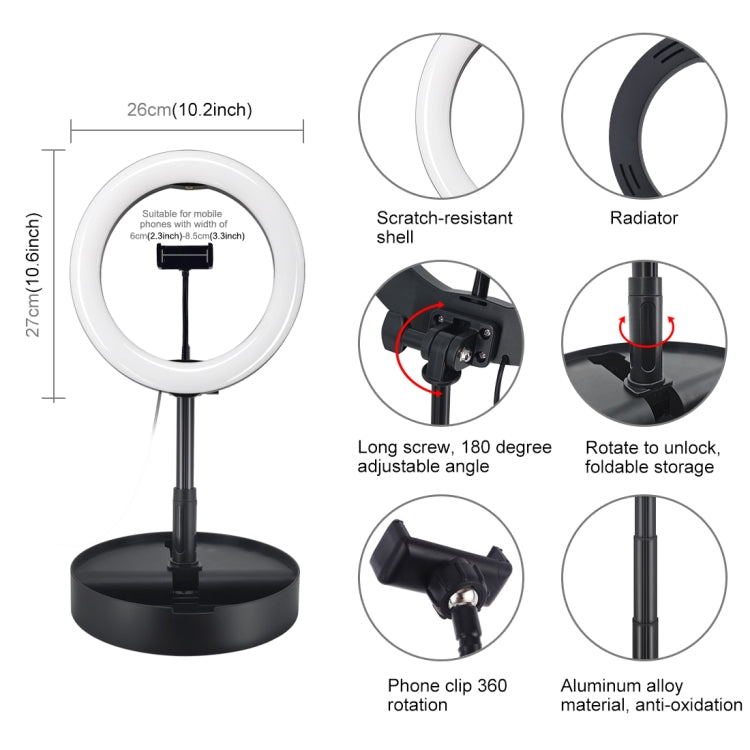 PULUZ 26 cm (10,2 Zoll) LED-Ringlicht, dimmbar, 3 Farbmodi, für Vlogging, Selfies, Fotografie und Videos, mit Bluetooth-Fernauslöser, klappbarem Tischstativ und Handyhalterung