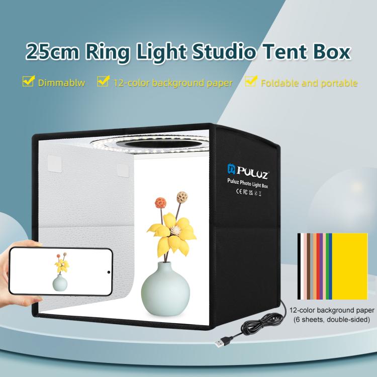 PULUZ 25cm Faltbares tragbares Ringlicht Foto Beleuchtungsstudio Shooting-Zeltbox mit 12 Farbkulissen, Größe: 25cm x 25cm x 25cm, 25cm High CRI Box