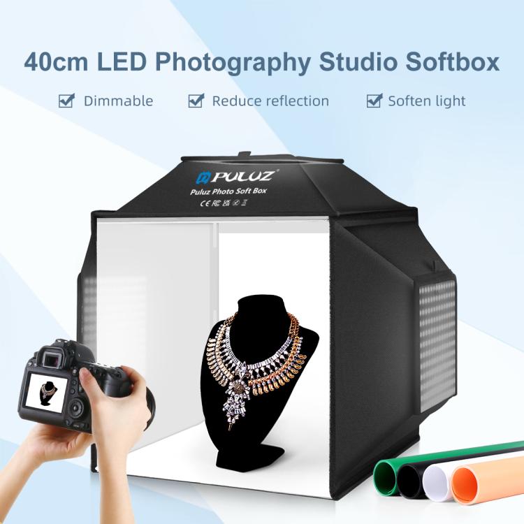 PULUZ 40cm Folding 72W 5500K Studio Shooting Tent Soft Box Photography Lighting Kit with 4 Colors (Black, Orange, White, Green) Backdrops, 40cm Folding 72W(US Plug), 40cm Folding 72W(AU Plug), 40cm Folding 72W(EU Plug), 40cm Folding 72W(UK Plug)