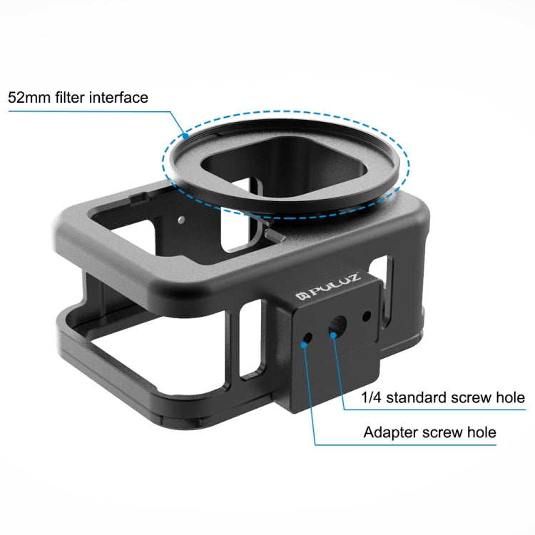PULUZ CNC-Aluminiumlegierung dünnes Gehäuse für GoPro HERO12/11/10/9 Black mit Schutzrahmen & 52-mm-UV-Objektiv (Schwarz)